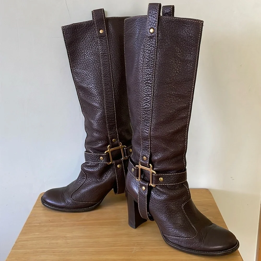 🇮🇹 Dolce & Gabbana Chocolate Brown Pebbled Leather High Riding Boots, Size 41 - Picture 3 of 16